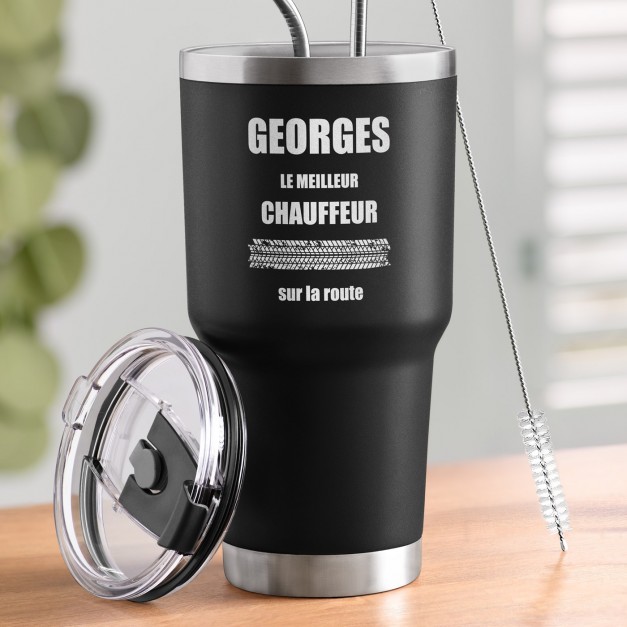 Mug isotherme noir avec gravure pour l'anniversaire d'un chauffeur