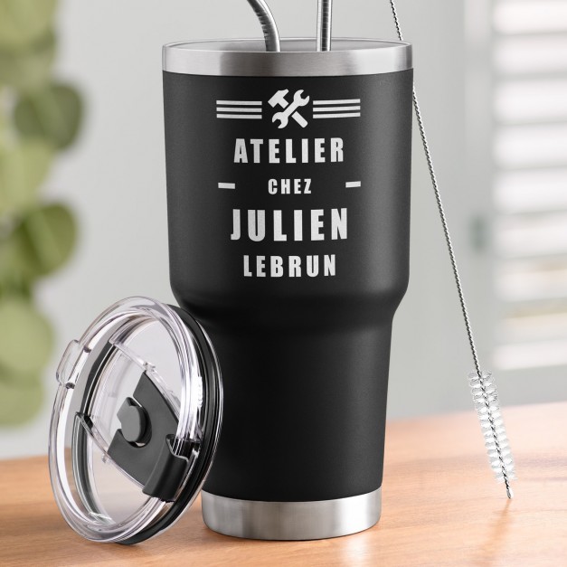 Mug isotherme noir avec gravure pour l'anniversaire d'un bricoleur