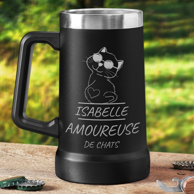 Gobelet isotherme verre à bière noir personnalisé pour l'anniversaire d'une fan de chats