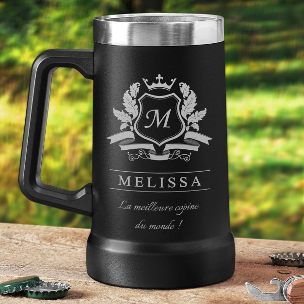 Gobelet isotherme verre à bière noir avec gravure pour l'anniversaire d'une copine