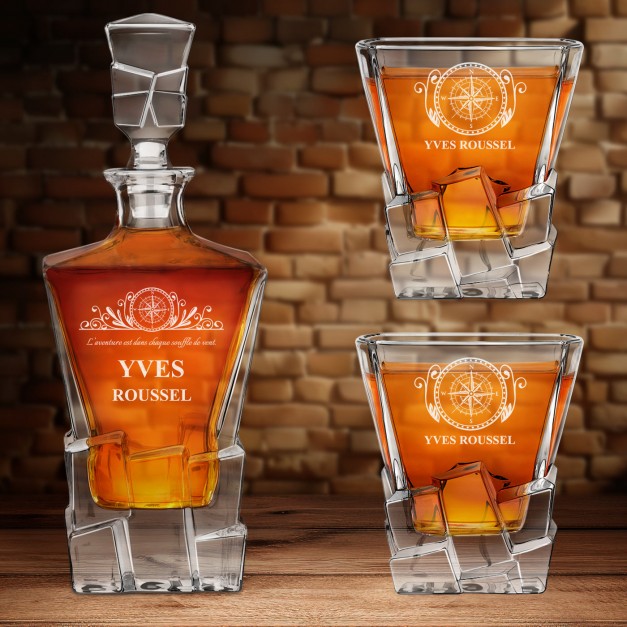 Carafe à whisky Ice Blink et 2 verres avec gravure pour un marin