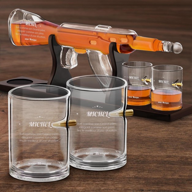 Carafe Fusil et 4 verres avec gravure pour frère