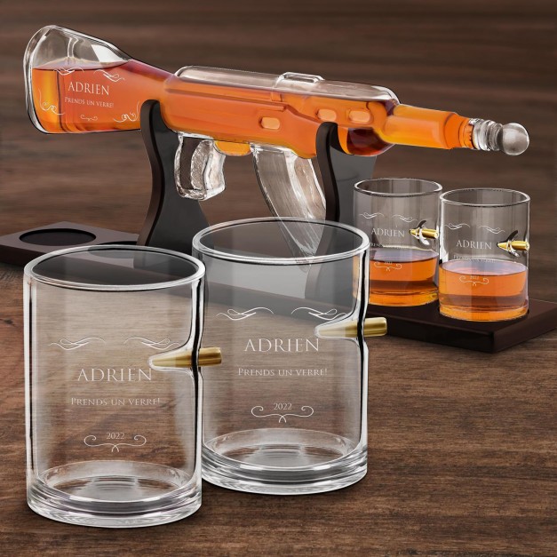 Carafe Fusil et 4 verres avec gravure pour lui