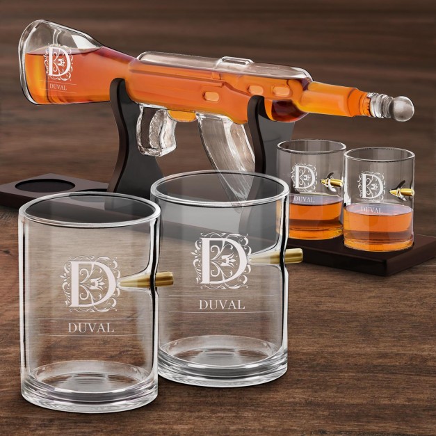 Carafe Fusil et 4 verres avec gravure initiale nom pour elle pour lui