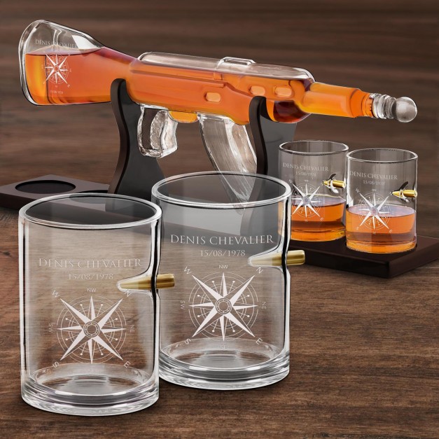 Carafe Fusil et 4 verres avec gravure pour voyageur