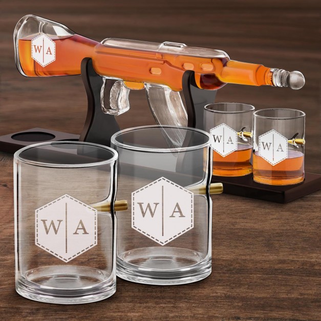 Carafe Fusil et 4 verres avec initiales gravées pour homme et pour femme