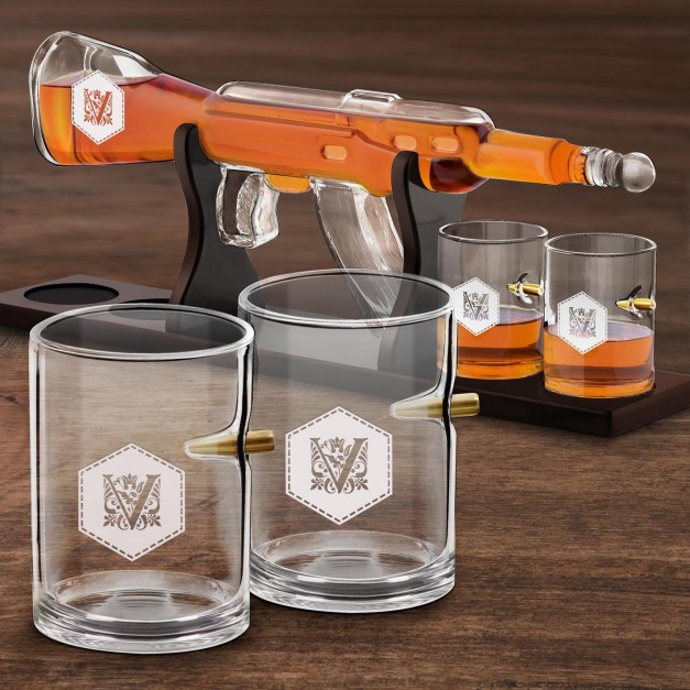 Carafe Fusil et 4 verres avec initiale gravée pour un proche