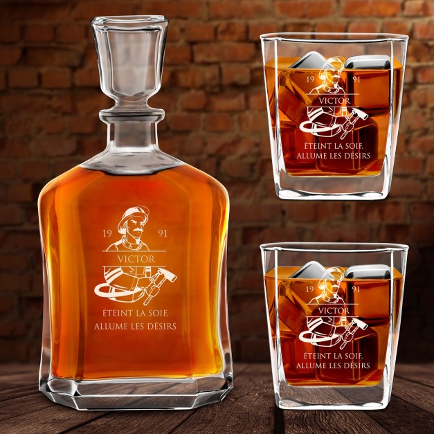 Set Carafe et 2 verres à whisky avec gravure pour un pompier