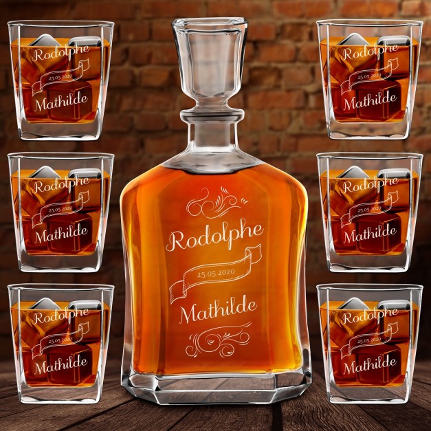 Ensemble de Carafe à whisky et 6 verres avec gravure pour les jeunes mariés