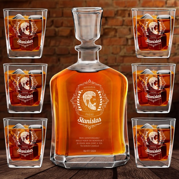 Ensemble de Carafe à whisky et 6 verres avec gravure pour frère 