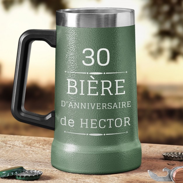 Gobelet isotherme verre à bière vert avec gravure pour un ami pour ses 30 ans