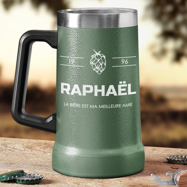 Gobelet isotherme verre à bière vert avec gravure pour un mari pour son anniversaire