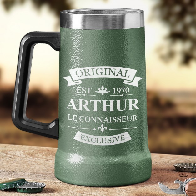 Gobelet isotherme verre à bière vert personnalisé pour un homme pour son anniversaire