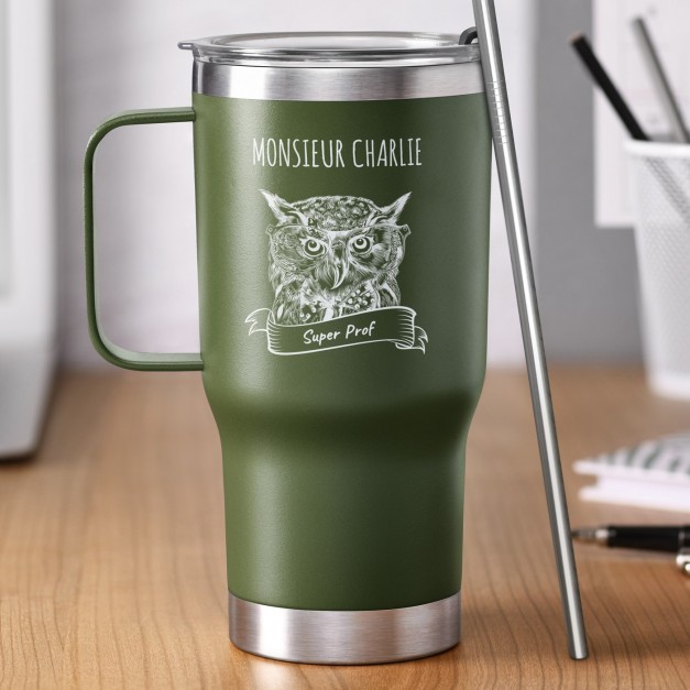 Mug de voyage vert avec gravure pour un super prof