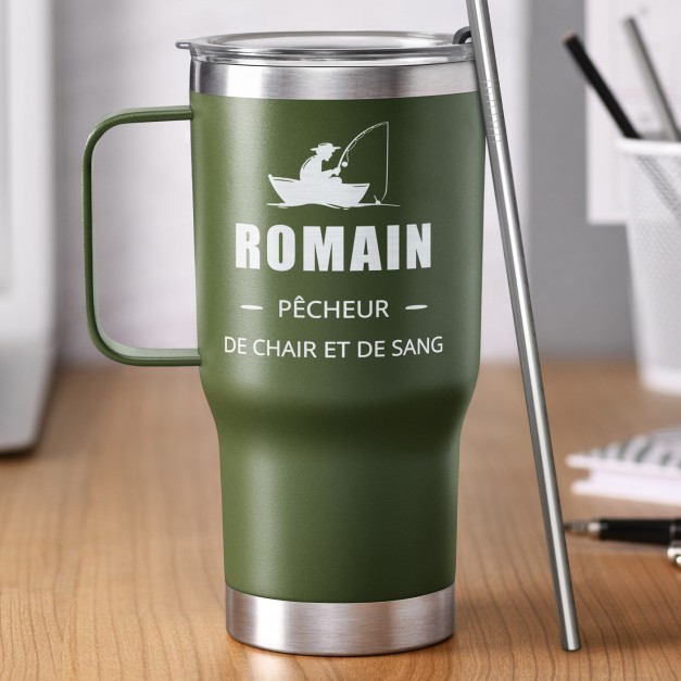 Mug de voyage vert avec gravure pour l'anniversaire de papy