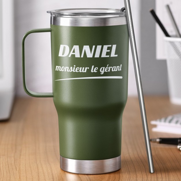 Mug de voyage vert personnalisé pour l'anniversaire d'un chef