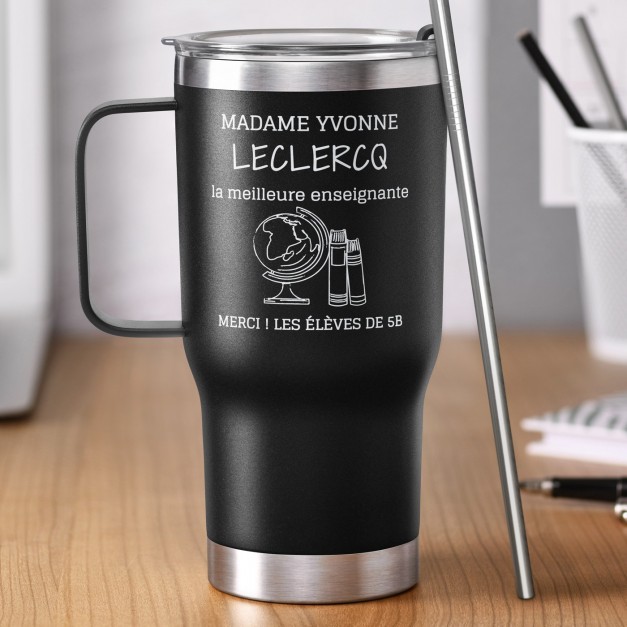 Gobelet isotherme noir personnalisé pour une enseignante