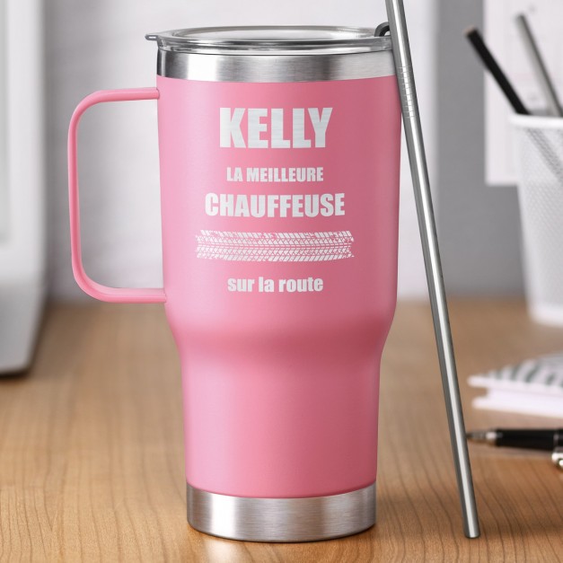 Mug thermique rose personnalisé pour l'anniversaire d'une chauffeuse