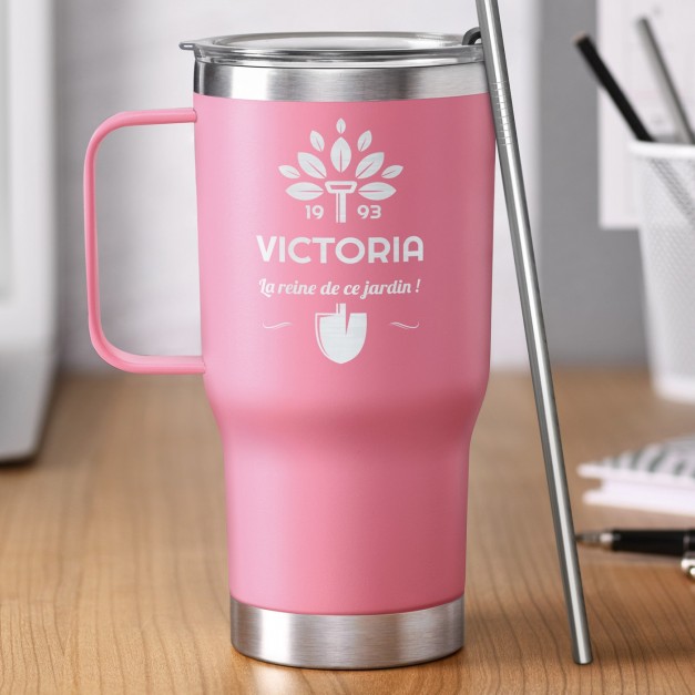 Mug thermique rose avec gravure pour l'anniversaire d'une tante