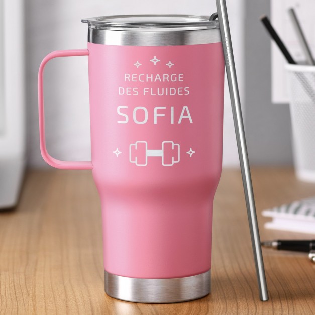 Mug thermique rose avec gravure pour une copine pour son anniversaire