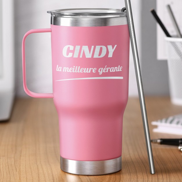 Mug thermique rose avec gravure pour une patronne