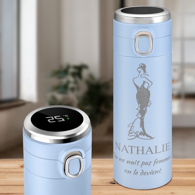 Mug isotherme bleu personnalisé avec un affichage LED pour la fête des secrétaires