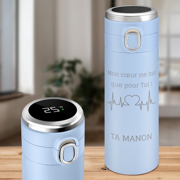Mug de voyage bleu avec gravure avec un affichage LED pour lui pour la Saint-Valentin