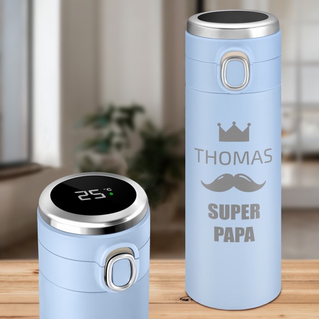 Mug thermos bleu personnalisé avec un affichage LED pour l'anniversaire de papa