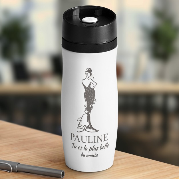 Mug isotherme blanc personnalisé avec fermeture Quick-Press pour une dame