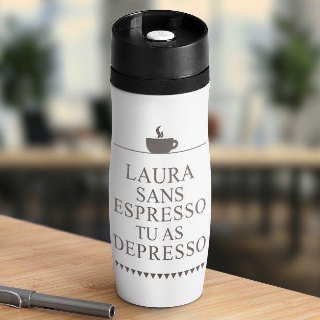 Mug Isotherme blanc personnalisé avec fermeture Quick-Press pour une femme amatrice de café