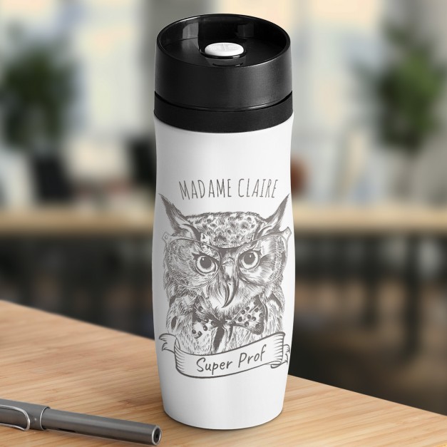 Mug isotherme blanc avec gravure avec fermeture Quick-Press pour l'anniversaire d'une prof