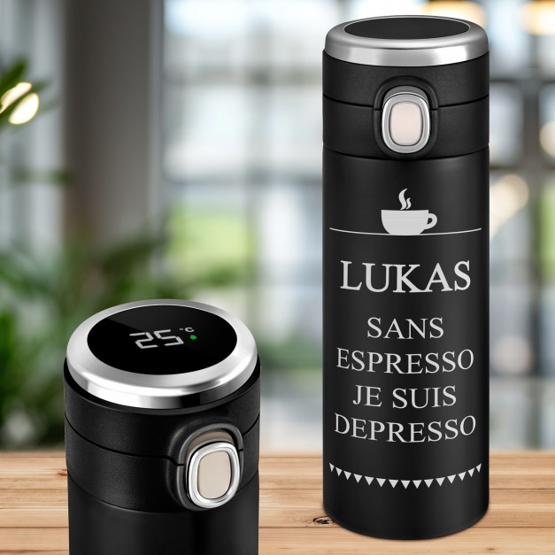 Mug thermos noir avec gravure avec un affichage LED pour l'anniversaire d'un copain