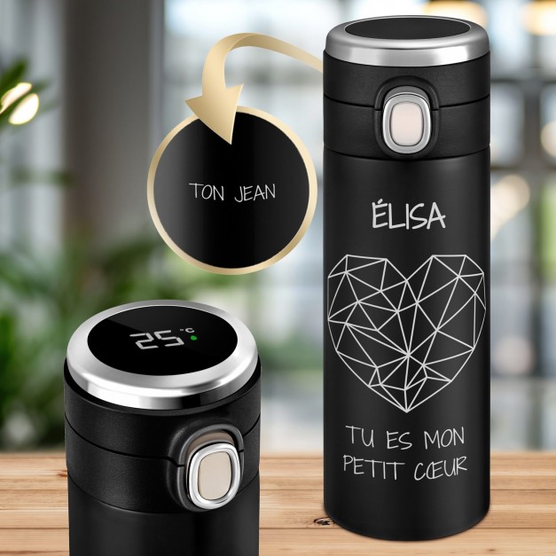 Mug thermos noir personnalisé avec un affichage LED pour une femme pour l'anniversaire de mariage