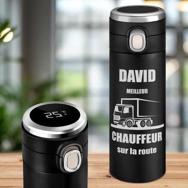 Mug de voyage noir avec gravure avec un affichage LED pour l'anniversaire d'un chauffeur