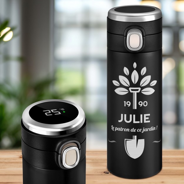 Mug thermos noir personnalisé avec un affichage LED pour l'anniversaire de tantine