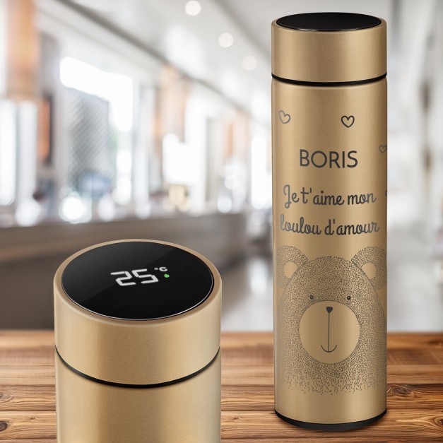 Bouteille isotherme dorée personnalisée avec un affichage LED pour un copain pour la Saint-Valentin