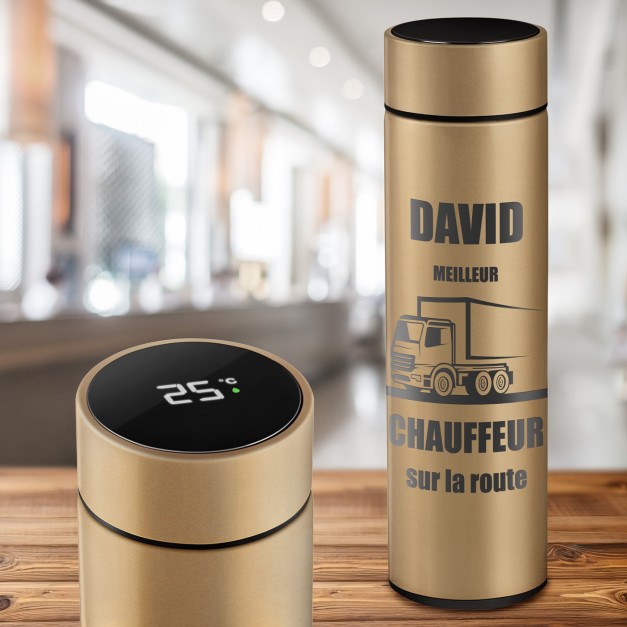 Bouteille isotherme dorée personnalisée avec un un affichage LED pour l'anniversaire d'un chauffeur