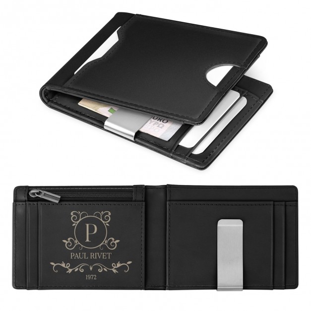 Portefeuille Slim en cuir noir lisse avec gravure pour l'anniversaire de papa