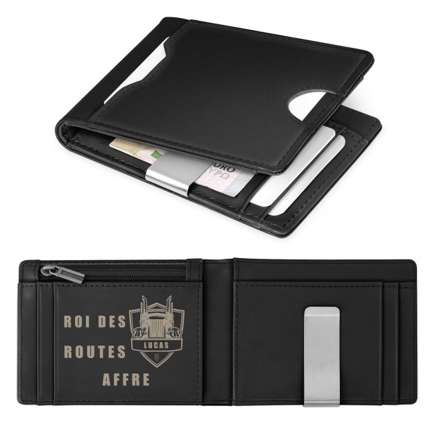 Portefeuille Slim en cuir noir lisse personnalisé pour l'anniversaire d'un chauffeur