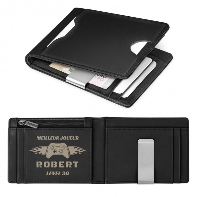 Portefeuille Slim en cuir noir lisse personnalisé pour un homme pour ses 30 ans