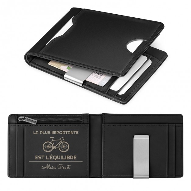 Portefeuille Slim en cuir noir lisse personnalisé pour un homme pour sa retraite