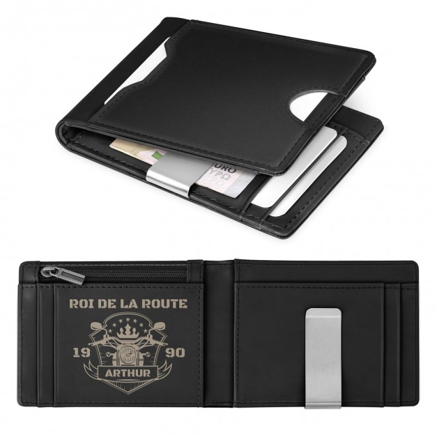 Portefeuille Slim en cuir noir lisse personnalisé pour l'anniversaire du roi de la route