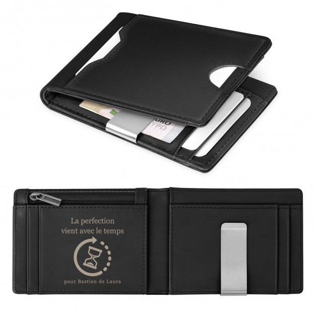 Portefeuille Slim en cuir noir lisse personnalisé pour un homme pour son anniversaire