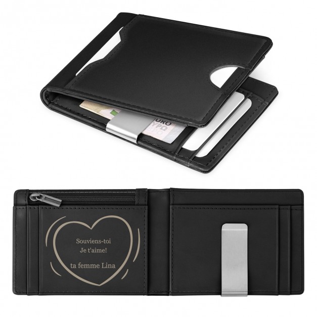 Portefeuille Slim en cuir noir lisse avec gravure pour un époux pour l'anniversaire de mariage