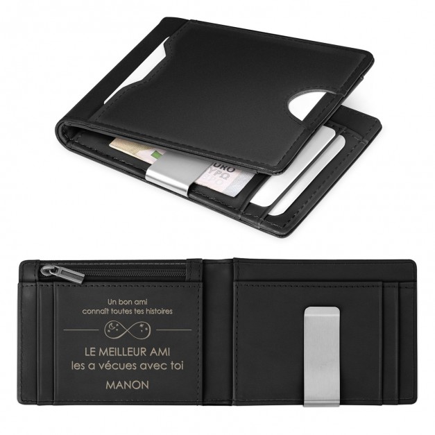 Portefeuille Slim en cuir noir lisse personnalisé pour l'anniversaire d'un meilleur ami
