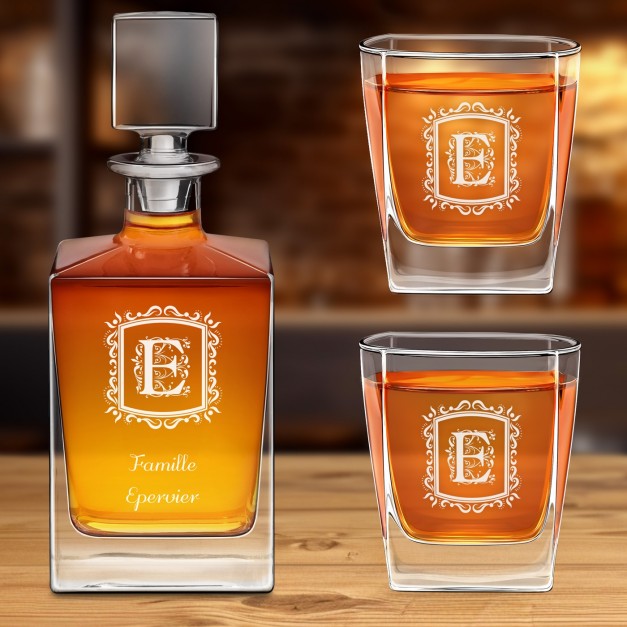 Carafe Cube et 2 verres à whisky pour un couple avec une initiale gravée