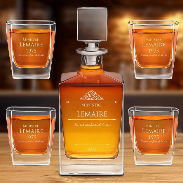 Carafe Cube et 4 verres à whisky avec gravure pour ministre