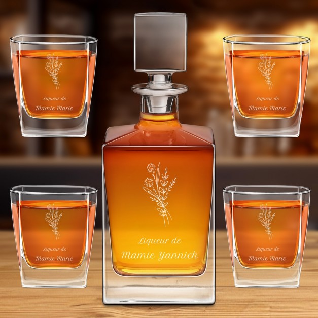 Carafe Cube et 4 verres à whisky avec gravure pour grand-mère