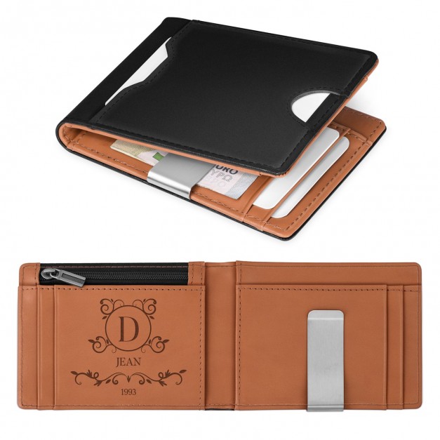 Portefeuille Slim en cuir noir lisse avec intérieur brun personnalisé pour un l'anniversaire d'un copain