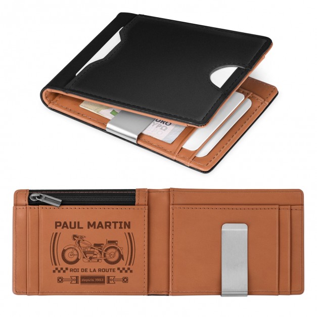Portefeuille Slim en cuir noir lisse avec intérieur brun personnalisé pour le roi de la route